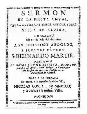 Primera página del sermón de Jaime Cervera en 1699