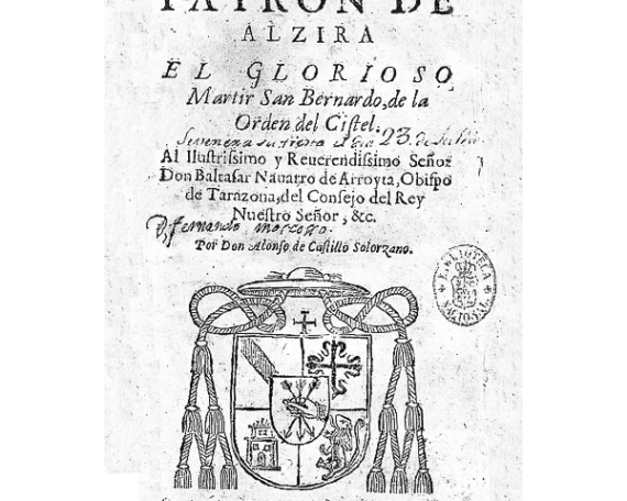 Primera página del libro "Patrón de Alzira. El Glorioso Mártir San Bernardo"