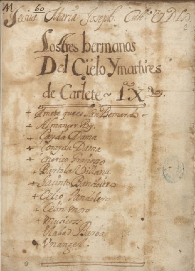 Hoja del manuscrito «Los tres hermanos del Cielo y martires de Carlete»